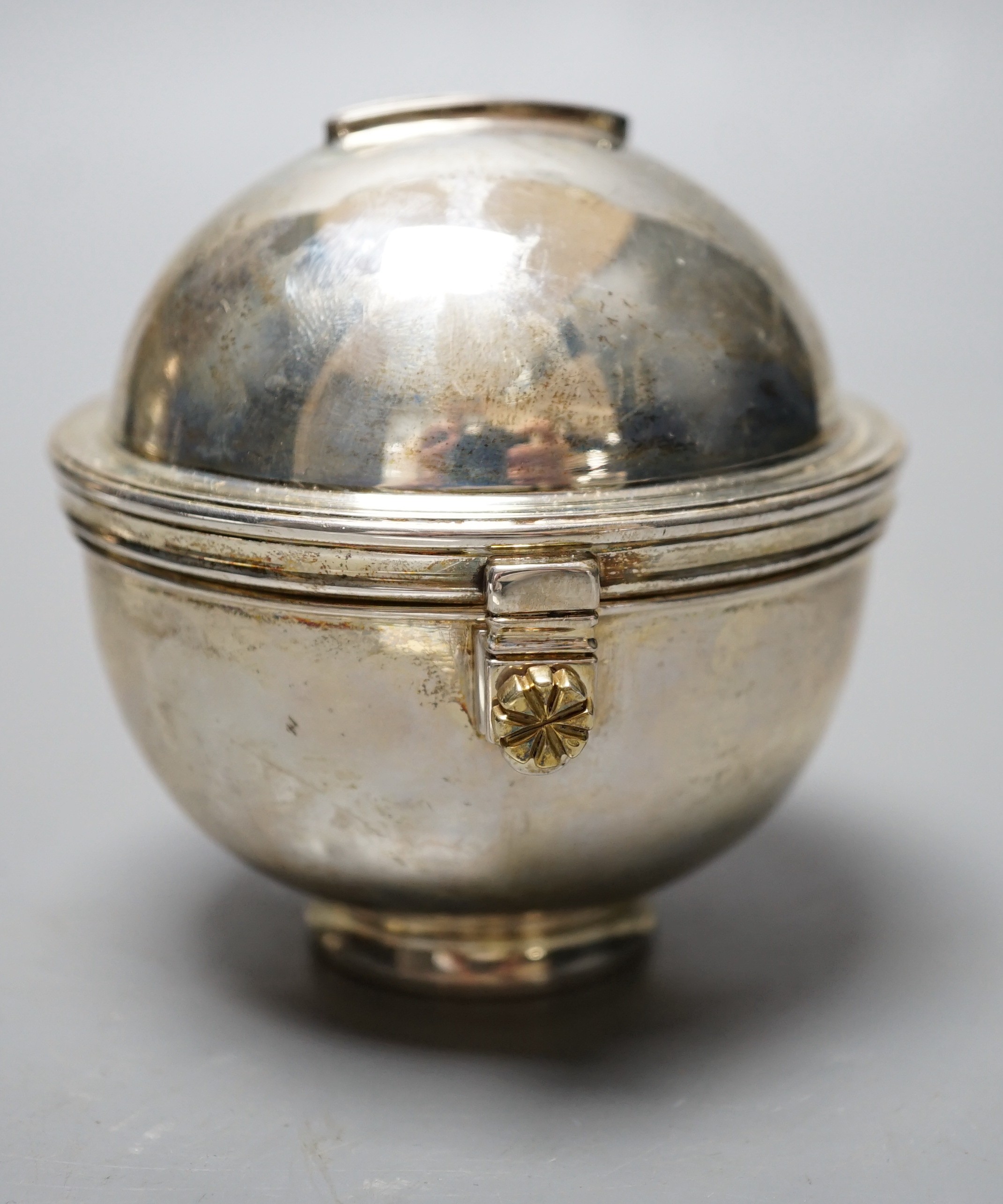 A modern Italian silver globular money box, retailed by Bulgari, London, import marks, height 91mm, gross 7.3 oz.